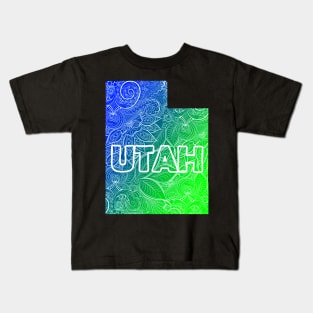 Colorful mandala art map of Utah with text in blue and green Kids T-Shirt